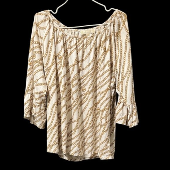MICHAEL KORS 2X BONEGOLD CHAIN PEASANT STYLE BLOUSE COTTON MODAL - Picture 1 of 7